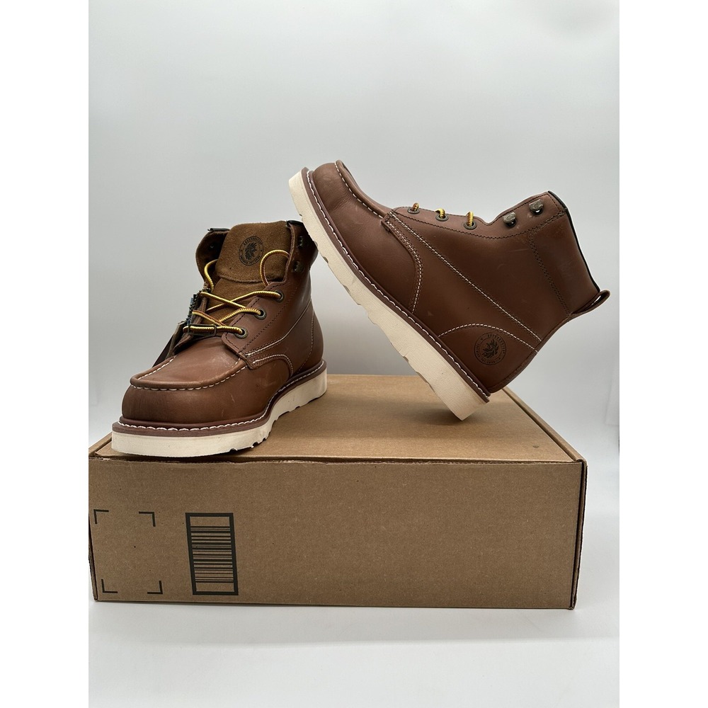 Tried On ROCKROOSTER Edgewood Men's 6 Inch Brown Wedge Boots, Moc Toe Brown 9